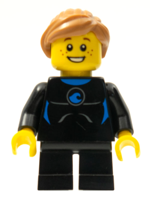 This LEGO minifigure is called, Wetsuit with Blue Sign, Black Short Legs, Medium Nougat Ponytail and Swept Sideways Fringe . It's minifig ID is twn226.