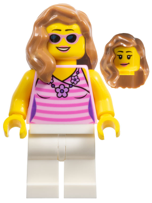 This LEGO minifigure is called, Dark Pink Striped Top, White Legs, Medium Nougat Female Hair over Shoulder . It's minifig ID is twn284.