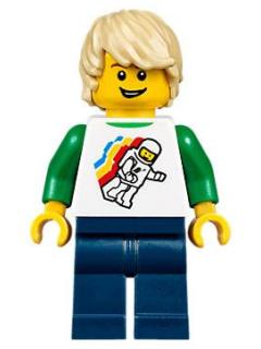 This LEGO minifigure is called, Boy, Classic Space Minifigure Floating Pattern, Dark Blue Legs, Tan Tousled Hair . It's minifig ID is twn296.