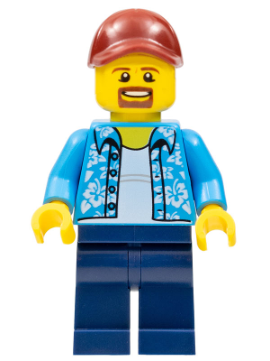 This LEGO minifigure is called, Man with Hawaiian Shirt, Dark Blue Legs, Dark Red Cap . It's minifig ID is twn369.