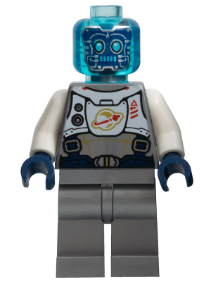 This LEGO minifigure is called, Cyber Drone Robot, Flat Silver Spacesuit with Harness and White Panel with Classic Space Logo, Trans-Light Blue Head . It's minifig ID is twn401.
