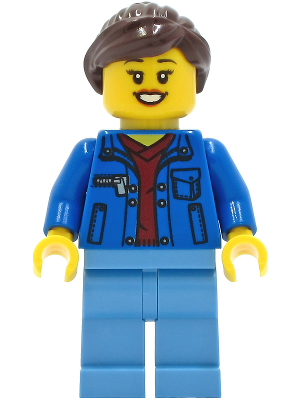 This LEGO minifigure is called, Woman, Blue Jacket over Dark Red V-Neck Sweater, Medium Blue Legs, Dark Brown Hair . It's minifig ID is twn409.