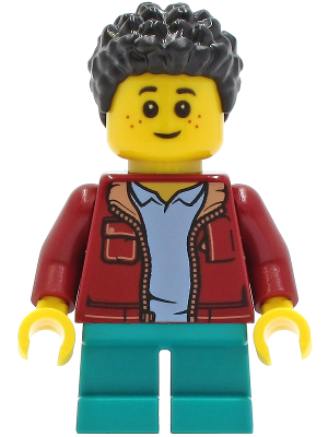 This LEGO minifigure is called, Child, Boy, Dark Red Jacket, Dark Turquoise Short Legs, Black Short Coiled Hair, Freckles . It's minifig ID is twn410.
