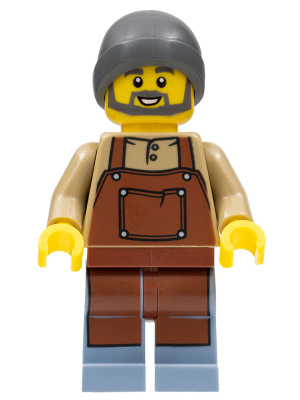 This LEGO minifigure is called, Barista, Male, Reddish Brown Apron, Dark Bluish Gray Beanie . It's minifig ID is twn446.