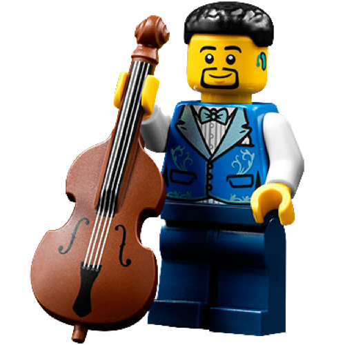 This LEGO minifigure is called, Bass Player / Bassist. It's minifig ID is twn453.