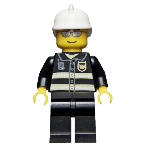 This LEGO minifigure is called, Fire, Reflective Stripes, Black Legs, White Fire Helmet, Silver Sunglasses . It's minifig ID is wc021.