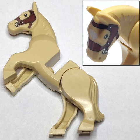Display of LEGO part no. 10352c01pb07 Horse, Movable Legs with Black Eyes, White Pupils, Reddish Brown Bridle and White Blaze Pattern  which is a Tan Horse, Movable Legs with Black Eyes, White Pupils, Reddish Brown Bridle and White Blaze Pattern 