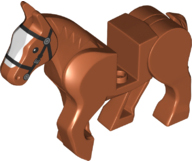 Display of LEGO part no. 10352c01pb08 which is a Dark Orange Horse, Movable Legs with Black Eyes, White Pupils, Black Bridle and White Blaze Small Pattern 
