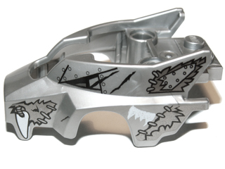 Display of LEGO part no. 11113pb02 Flywheel Fairing Wolf Shape with Fangs and Black, Silver and White Pattern  which is a Flat Silver Flywheel Fairing Wolf Shape with Fangs and Black, Silver and White Pattern 
