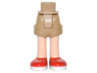 Display of LEGO part no. 11202c00pb08 Mini Doll Hips and Shorts with Light Nougat Legs and Red Shoes with White Soles and Laces Pattern, Thick Hinge  which is a Dark Tan Mini Doll Hips and Shorts with Light Nougat Legs and Red Shoes with White Soles and Laces Pattern, Thick Hinge 