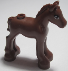 Display of LEGO part no. 11241pb05 Horse, Friends, Foal with Black, White, and Eyes with 2 Eyelashes Pattern  which is a Reddish Brown Horse, Friends, Foal with Black, White, and Eyes with 2 Eyelashes Pattern 