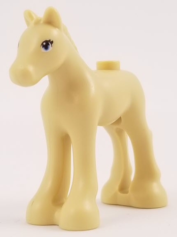 Display of LEGO part no. 11241pb06 Horse, Friends, Foal with Black, White, and Bright Light Blue Eyes with 2 Eyelashes Pattern  which is a Tan Horse, Friends, Foal with Black, White, and Bright Light Blue Eyes with 2 Eyelashes Pattern 