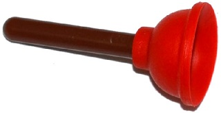 Display of LEGO part no. 11251pb02 which is a Red Minifigure, Utensil Plunger with Molded Hard Plastic Reddish Brown Handle Pattern, Flexible Rubber 