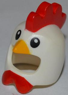 Display of LEGO part no. 11262pb01 which is a White Minifigure, Headgear Head Cover, Costume Chicken with Yellow Beak, Red Comb and Wattle Pattern 