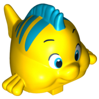 Display of LEGO part no. 11374pb01 Duplo Fish with Large Eyes and Dark Azure Dorsal Fin and Stripes Pattern (Flounder / Fabius)  which is a Yellow Duplo Fish with Large Eyes and Dark Azure Dorsal Fin and Stripes Pattern (Flounder / Fabius) 