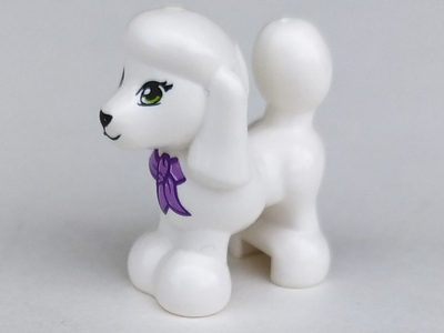 Display of LEGO part no. 11575pb02 Dog, Friends, Poodle with Dark Purple and Medium Lavender Bow, Lime Eyes and Black Nose and Mouth Pattern  which is a White Dog, Friends, Poodle with Dark Purple and Medium Lavender Bow, Lime Eyes and Black Nose and Mouth Pattern 