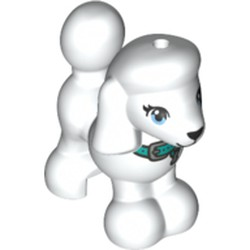 Display of LEGO part no. 11575pb04 which is a White Dog, Friends, Poodle with Bright Light Blue Eyes, Black Nose and Mouth, and Dark Turquoise Collar with Silver Buckle and Tag Pattern 