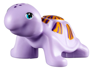 Display of LEGO part no. 11603pb02 which is a Lavender Turtle, Friends / Elves with Medium Azure Eyes, Dark Purple Spots, and Dark Purple and Bright Light Orange Shell Pattern 