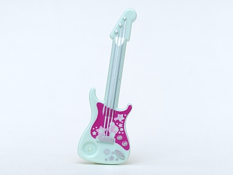 Display of LEGO part no. 11640pb01 Minifigure, Utensil Guitar Electric with Magenta Pickguard and Silver Strings, Stars, Bridge and Output Jack Pattern  which is a Light Aqua Minifigure, Utensil Guitar Electric with Magenta Pickguard and Silver Strings, Stars, Bridge and Output Jack Pattern 