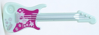 Display of LEGO part no. 11640pb01 which is a Light Aqua Minifigure, Utensil Musical Instrument, Guitar Electric with Silver Strings, Stars, Bridge, and Output Jack and Magenta Pickguard Pattern 