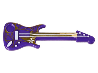Display of LEGO part no. 11640pb02 which is a Dark Purple Minifigure, Utensil Musical Instrument, Guitar Electric with White Strings, Star, Bridge, and Output Jack and Gold Geometric Pattern 