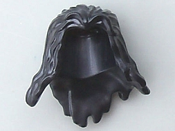 Display of LEGO part no. 11908 which is a Black Minifigure, Hair Long Wavy with Ragged Bottom Edge 