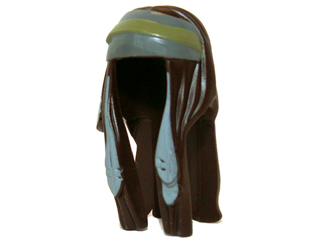 Display of LEGO part no. 13664pb01 Minifigure, Hair Long with Feathers and Light Bluish Gray / Olive Green Bandana Pattern  which is a Dark Brown Minifigure, Hair Long with Feathers and Light Bluish Gray / Olive Green Bandana Pattern 