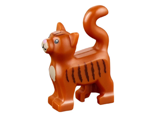 Display of LEGO part no. 13786pb02 Cat, Standing with Dark Tan Chest and Muzzle, Dark Brown Stripes and Bright Pink Nose Pattern  which is a Dark Orange Cat, Standing with Dark Tan Chest and Muzzle, Dark Brown Stripes and Bright Pink Nose Pattern 