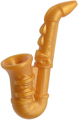 Display of LEGO part no. 13808 Minifigure, Utensil Saxophone  which is a Pearl Gold Minifigure, Utensil Saxophone 