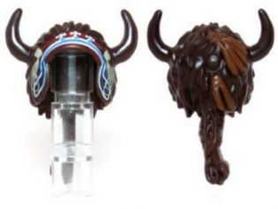 Display of LEGO part no. 13946pb01 which is a Dark Brown Minifigure, Headgear Headdress Indian Horned with Long Braided Hair and Tribal Headband with Tassels Pattern 