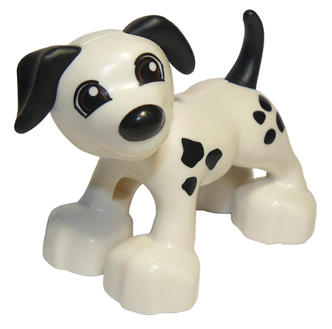 Display of LEGO part no. 1396pb03 Duplo Dog with Black Ears and Tail and Spots Pattern, Reddish Brown Eyes  which is a White Duplo Dog with Black Ears and Tail and Spots Pattern, Reddish Brown Eyes 