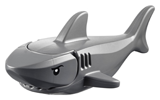 Display of LEGO part no. 14518c01pb01 Shark with Gills with Black Eyes and White Pupils Pattern  which is a Dark Bluish Gray Shark with Gills with Black Eyes and White Pupils Pattern 