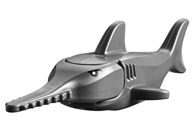 Display of LEGO part no. 14518c02pb01 Sawfish with Gills with Black Eyes and White Pupils Pattern  which is a Dark Bluish Gray Sawfish with Gills with Black Eyes and White Pupils Pattern 