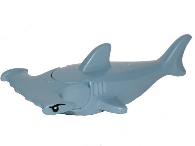 Display of LEGO part no. 14518c03pb01 which is a Sand Blue Shark Hammerhead with Gills with Black Eyebrows and Eyes and White Pupils Pattern 