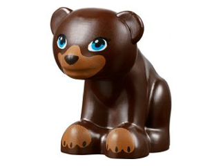 Display of LEGO part no. 14732pb01 Bear, Friends / Elves, Baby Cub, Sitting with Black Nose, Dark Azure Eyes and Dark Tan Paws and Muzzle Pattern  which is a Dark Brown Bear, Friends / Elves, Baby Cub, Sitting with Black Nose, Dark Azure Eyes and Dark Tan Paws and Muzzle Pattern 