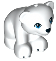 Display of LEGO part no. 14732pb03 Bear, Friends / Elves, Baby Cub, Sitting with Black Nose and Claws and Dark Azure Eyes Pattern  which is a White Bear, Friends / Elves, Baby Cub, Sitting with Black Nose and Claws and Dark Azure Eyes Pattern 