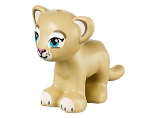 Display of LEGO part no. 14734pb01 which is a Tan Lion / Tiger, Friends / Elves, Baby Cub with Medium Azure Eyes, Dark Pink Nose and White Paws Pattern 