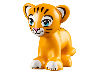 Display of LEGO part no. 14734pb03 which is a Bright Light Orange Lion / Tiger, Friends / Elves, Baby Cub with Medium Azure Eyes, Dark Pink Nose and Dark Brown Stripes Pattern &#40;Rajah&#41; 