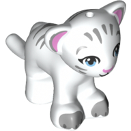 Display of LEGO part no. 14734pb04 which is a White Lion / Tiger, Friends / Elves, Baby Cub with Bright Light Blue Eyes, Bright Pink Nose, Light Bluish Gray Paws and Stripes Pattern 