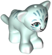 Display of LEGO part no. 14734pb05 which is a Light Aqua Lion / Tiger, Friends / Elves, Baby Cub with Dark Azure Eyes, White Nose, White Paws and Metallic Light Blue Stripes Pattern 