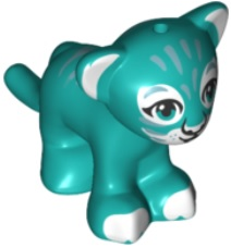 Display of LEGO part no. 14734pb05 which is a Dark Turquoise Lion / Tiger, Friends / Elves, Baby Cub with Dark Azure Eyes, White Nose, White Paws and Metallic Light Blue Stripes Pattern 