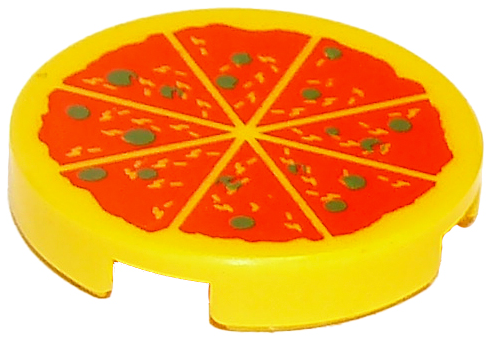 Display of LEGO part no. 14769pb011 Tile, Round 2 x 2 with Bottom Stud Holder with Pizza Pattern  which is a Yellow Tile, Round 2 x 2 with Bottom Stud Holder with Pizza Pattern 