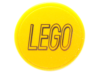 Display of LEGO part no. 14769pb060 Tile, Round 2 x 2 with Bottom Stud Holder with Black Lego Logo Outline on Background Pattern (Sticker), Set 76039  which is a Yellow Tile, Round 2 x 2 with Bottom Stud Holder with Black Lego Logo Outline on Background Pattern (Sticker), Set 76039 