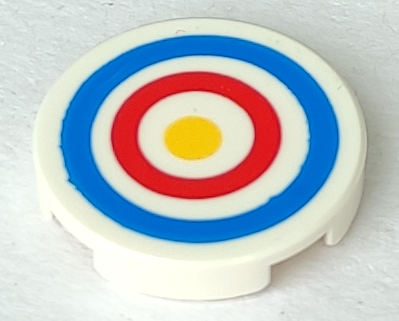 Display of LEGO part no. 14769pb086 Tile, Round 2 x 2 with Bottom Stud Holder with Blue and Red Circles and Yellow Dot Archery Target Pattern  which is a White Tile, Round 2 x 2 with Bottom Stud Holder with Blue and Red Circles and Yellow Dot Archery Target Pattern 