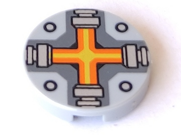 Display of LEGO part no. 14769pb087 Tile, Round 2 x 2 with Bottom Stud Holder with Orange and Yellow Cross Pattern  which is a Light Bluish Gray Tile, Round 2 x 2 with Bottom Stud Holder with Orange and Yellow Cross Pattern 