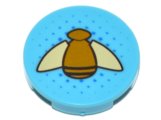 Display of LEGO part no. 14769pb162 Tile, Round 2 x 2 with Bottom Stud Holder with Gold Bumblebee with Tan Wings Pattern  which is a Medium Azure Tile, Round 2 x 2 with Bottom Stud Holder with Gold Bumblebee with Tan Wings Pattern 