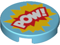 Display of LEGO part no. 14769pb172 which is a Medium Azure Tile, Round 2 x 2 with Bottom Stud Holder with 'POW!' in Yellow and Red Starburst Explosion Pattern 