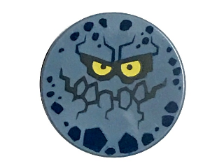 Display of LEGO part no. 14769pb184 Tile, Round 2 x 2 with Bottom Stud Holder with Rock Creature Face with Jagged Grin, Dark Blue Spots and Yellow Eyes Pattern  which is a Sand Blue Tile, Round 2 x 2 with Bottom Stud Holder with Rock Creature Face with Jagged Grin, Dark Blue Spots and Yellow Eyes Pattern 