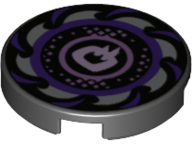 Display of LEGO part no. 14769pb251 Tile, Round 2 x 2 with Bottom Stud Holder with Dark Purple and Silver Saw Blade, Circles in Center Pattern  which is a Black Tile, Round 2 x 2 with Bottom Stud Holder with Dark Purple and Silver Saw Blade, Circles in Center Pattern 