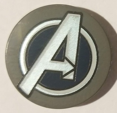 Display of LEGO part no. 14769pb259 Tile, Round 2 x 2 with Bottom Stud Holder with Silver Avengers Logo Pattern  which is a Dark Bluish Gray Tile, Round 2 x 2 with Bottom Stud Holder with Silver Avengers Logo Pattern 